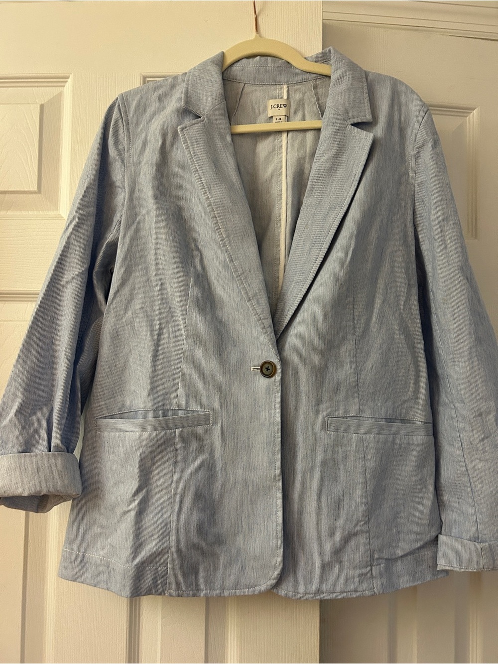 J.Crew Light Blue Striped Linen Blend Single Button Relaxed Blazer Jacket Size 1